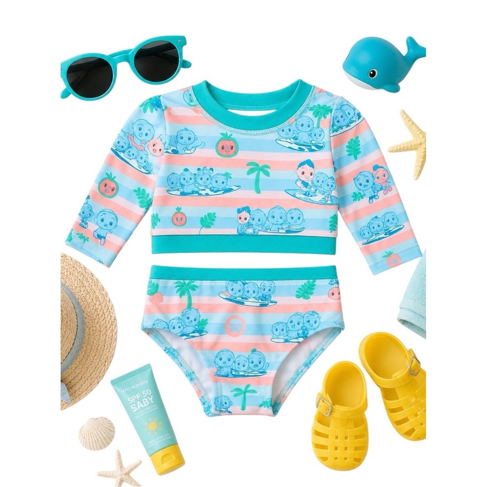 CoComelon Baby Girl Rashguard 2 Piece Bathing Swim Set UPF 50 Pink Green 18M NWT